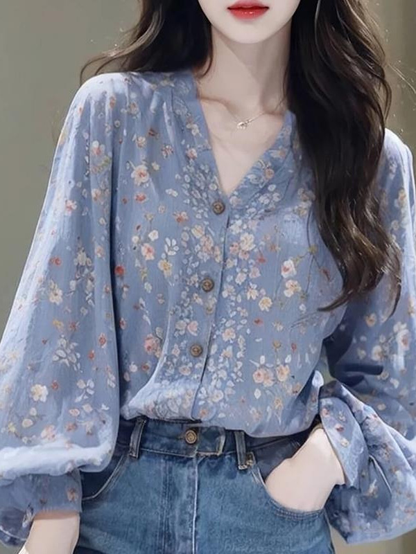 初秋法式绝美淑女气质森系蓝色碎花长袖衬衫上衣女宽松慵懒风|undefined
