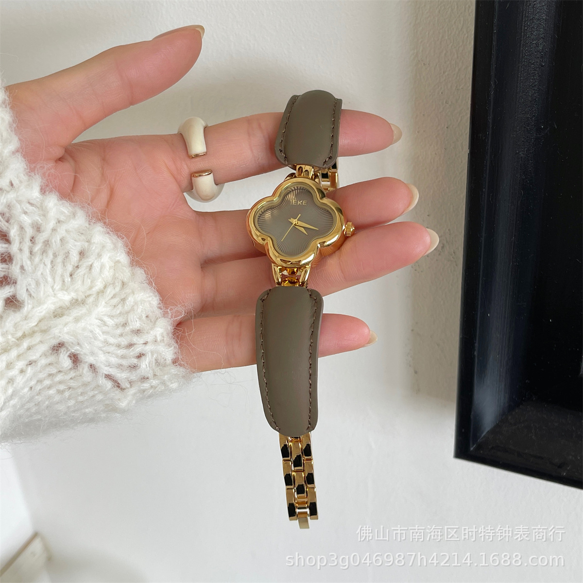 IEKE Fashion Light Luxury Four-leaf Clover Small Chanel Style Leather Bracelet Watch Women's Wristwatch High-end Light Luxury Internet Celebrity Hair