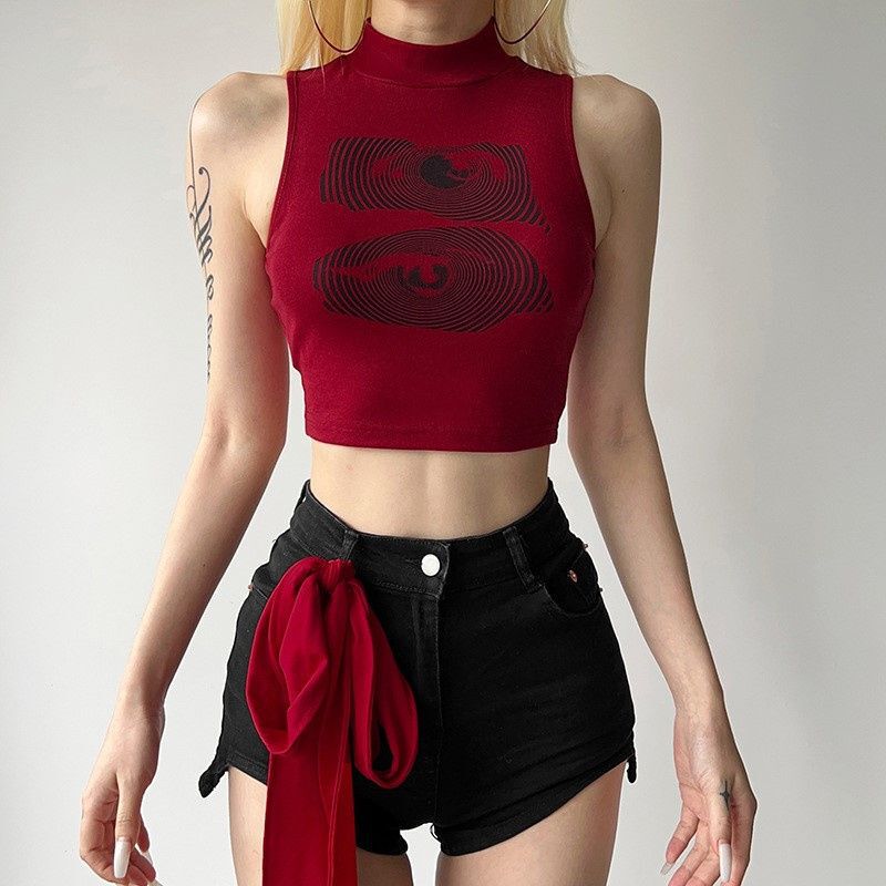 Summer Retro Hot Girl Style Printed Half Turtleneck Vest for Women with Niche Design, Slim Fit and Versatile Short Top Summer Retro Hot Girl Style Printed Half Turtleneck Vest for Women with Niche Design, Slim Fit and Versatile Short Top