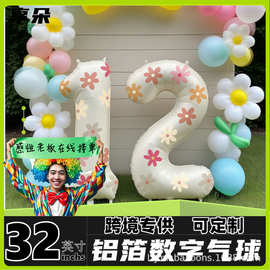 跨境新款32寸粉色/奶白数字铝膜气球+花朵贴纸，生日派对自由diy