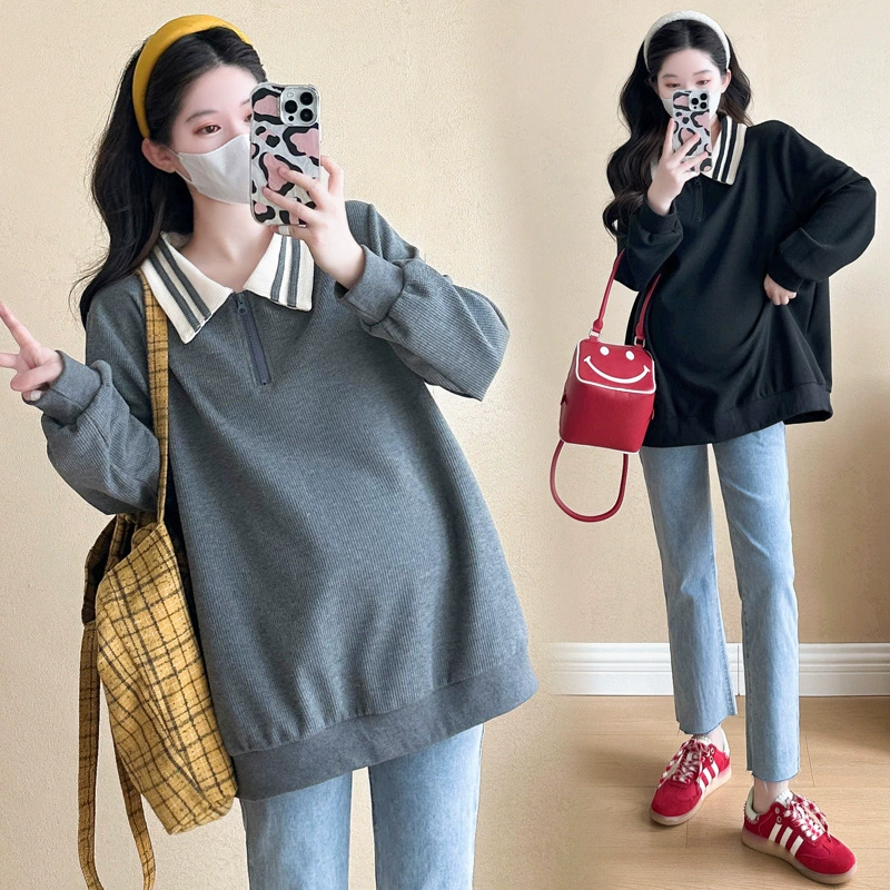 Осенняя одежда для беременных Цветной POLO воротник с длинными рукавами блузка свободная повседневная беременность свитер осенняя рубашка модная одежда для беременных