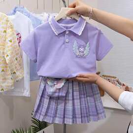 中小学生时尚学院风卡通两件套女童夏季新款洋气jk格子裙套装裙