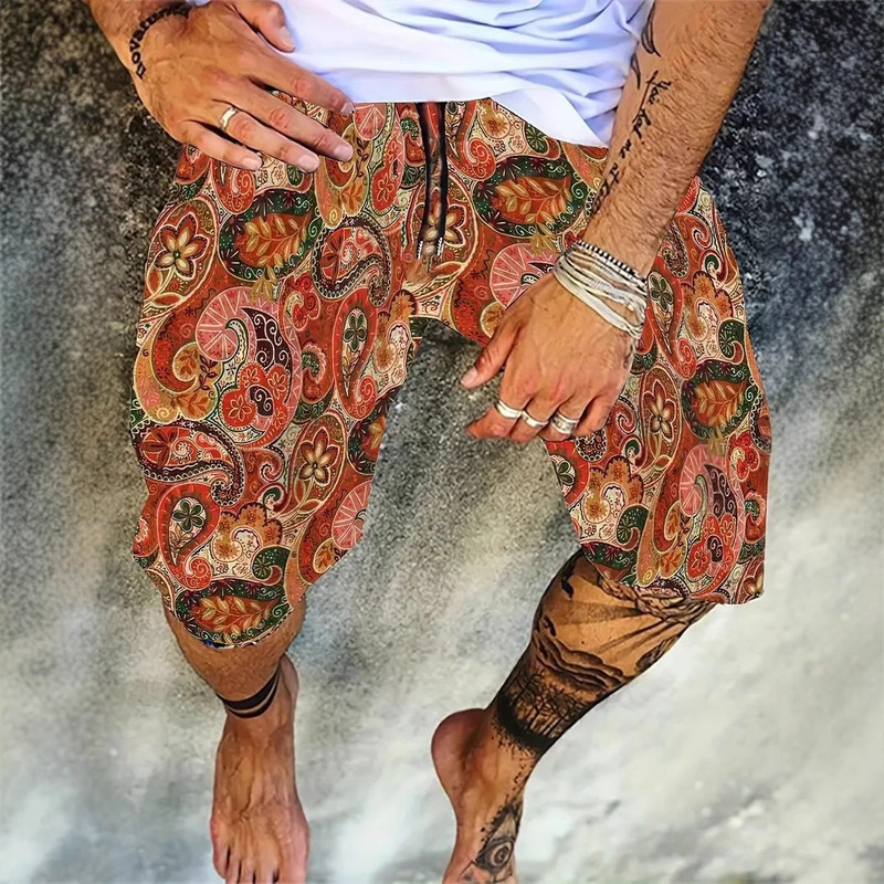 Colored Paisley Pattern Print Men's Comfortable Shorts Summer Drawstring Casual Loose Shorts Men's Summer