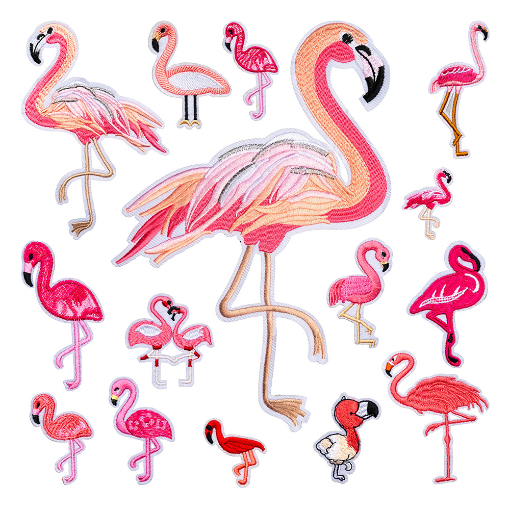 火烈鸟电脑绣花贴跨境外贸刺绣布贴背胶自粘贴布服装辅料装饰贴片