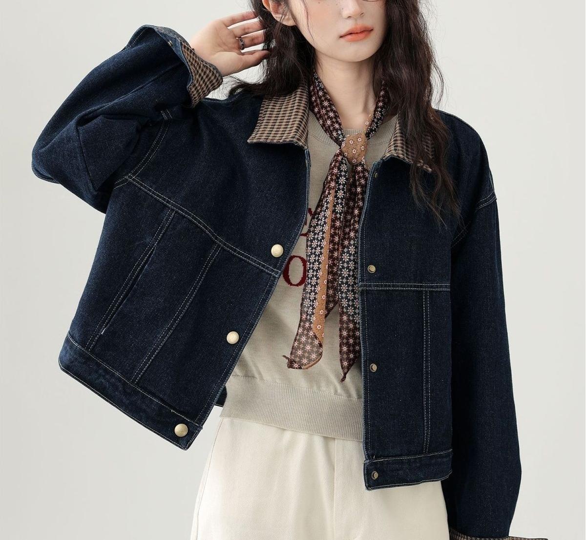 Áo khoác denim nữ ngắn phối caro cổ ve áo tay dài — màu xanh (chất lượng cao) — 8/12