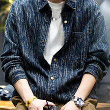 跨境美式复古牛仔衬衫男长袖春季新款潮牌宽松休闲工装衬衣男士外