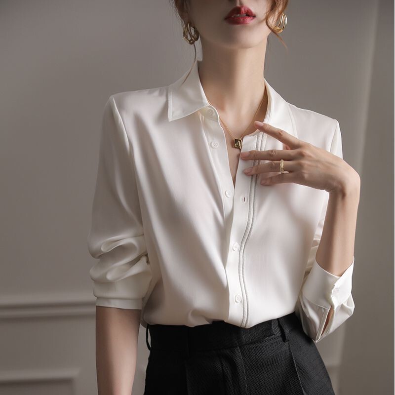 White Long-Sleeve Women's Shirt for Spring and Autumn, Featuring a Unique Design, Silk Satin Acetate Blouse with a High-End Feel White Long-Sleeve Women's Shirt for Spring and Autumn, Featuring a Unique Design, Silk Satin Acetate Blouse with a High-End Feel