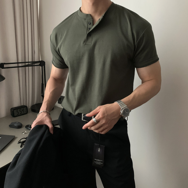 Cross-Border Military Green Henry Collar T-Shirt for Men, Stylish and Muscular, Slim Fit, Short-Sleeved, Fitness, Cuffed Sleeves, American Style Half-Sleeve