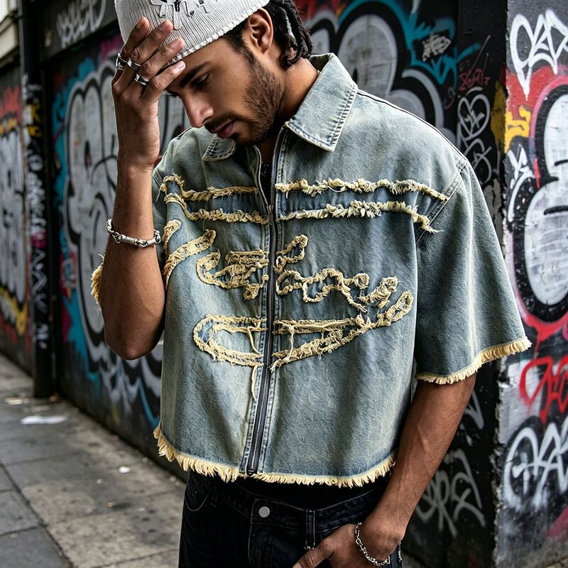 European size cross-border short-sleeve denim jacket for men, spring/summer high street raw edge zipper washed foreign trade denim jacket wholesale European size cross-border short-sleeve denim jacket for men, spring/summer high street raw edge zipper washed foreign trade denim jacket wholesale
