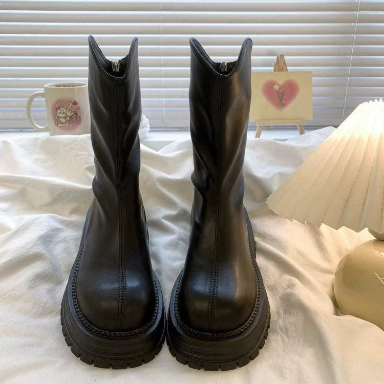 Retro British Style Thick-Heeled Thick-Soled Boots for Women 2025 Autumn and Winter New Mid-Calf Boots Versatile Short Boots