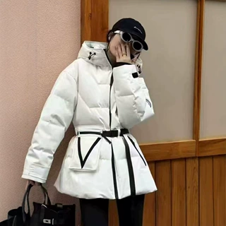 2026新款羽绒服女装中长款连帽工装派克外套腰带收腰显瘦撞色上衣