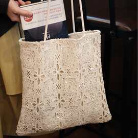 法式高级白色亮片蕾丝包大容量镂空设计通勤手提腋下包托特单肩包