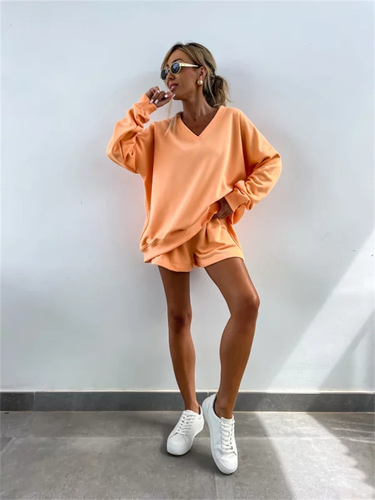 Casual Striped Suit For Women V-neck Long-sleeved Loose Top Paired With Shorts In The Same Color Ladies Spring Summer 2piece Set_voghion.com