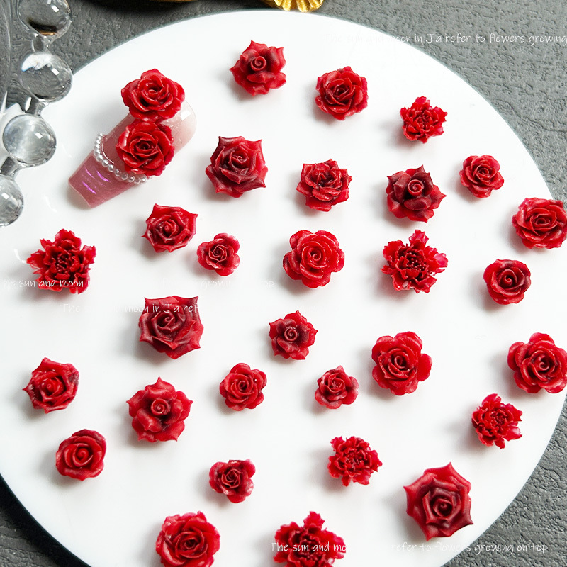 New Year's Essential Red Nail Art Jewelry Mixed Three-dimensional Peony Rose Christmas Nail Art Accessories Soft Flower Nail Art Material