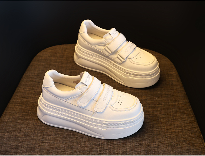 Giày sneaker nữ đế dày tăng chiều cao bên trong, dán thể thao, phong cách trắng đa năng — màu trắng chi tiết 4
