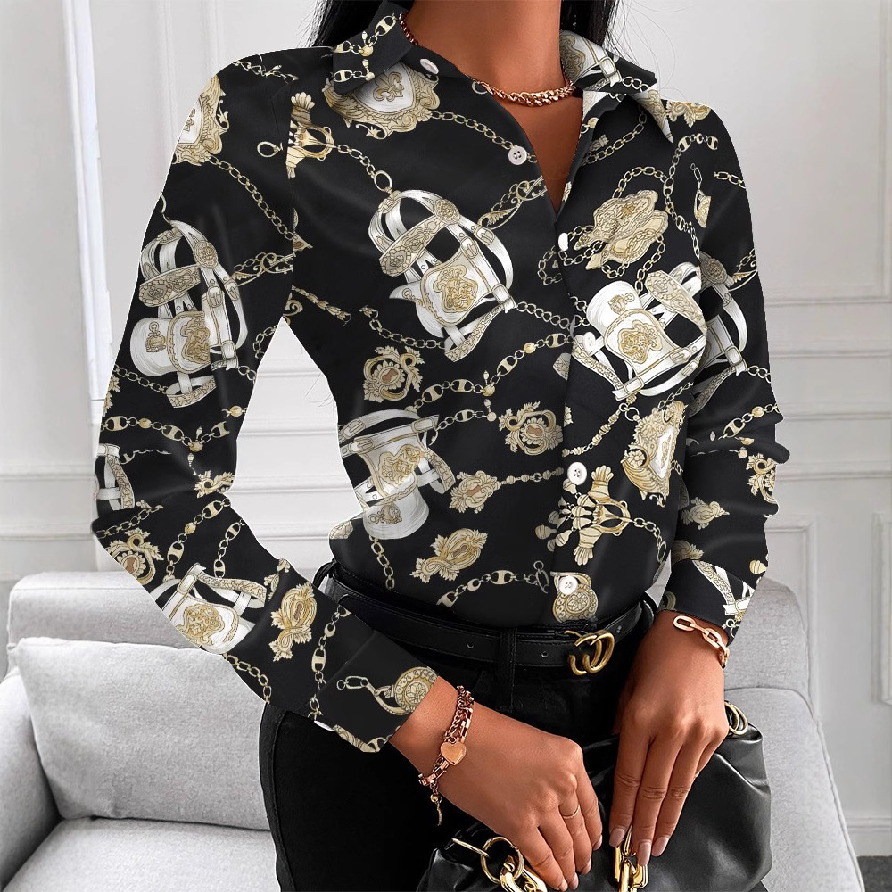 2021 estación independiente deseo Amazon popular otoño suelta manga larga con cuello en V botón impreso camisa de mujer