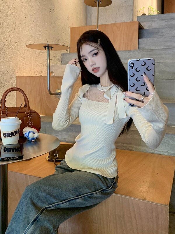 秋季纯欲辣妹修身显瘦正肩长袖女时尚个性绑带蝴蝶结设计百搭上衣|undefined