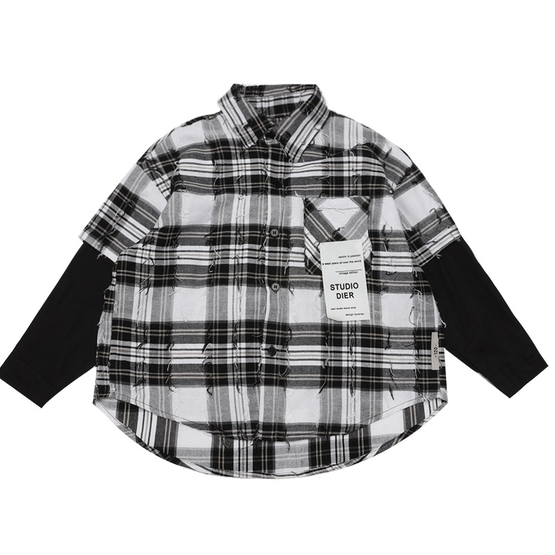 Primavera nuevos niños falso de dos piezas camisa a cuadros estilo coreano casual suelta ropa exterior de los niños prendas de vestir exteriores de moda superior