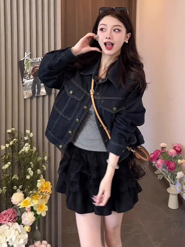 韩版时尚休闲翻领牛仔外套女秋季港风复古百搭洋气减龄夹克上衣潮|undefined