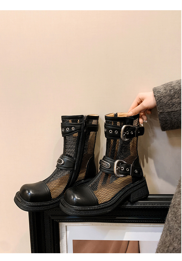 Boot nữ cổ thấp dây buộc phối khóa, đế dày platform lưới thoáng khí — màu nâu, màu đen chi tiết 18