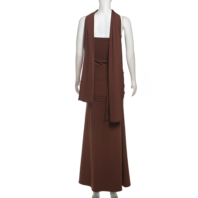 Spring Women Clothing Personality Scarf Collar Slim Fit Twist Lace up Tube Top Dress Women