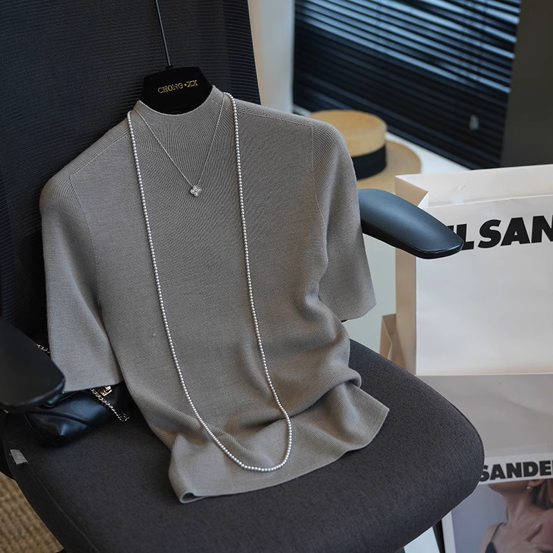 100 Worsted Wool Seamless One-Piece Half Turtleneck Short-Sleeved Knitted Bottoming Shirt Women's Slimming Look Top Spring 909g