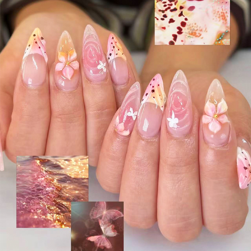 Cross-Border European and American Style Embossed Floral French High-End Whitening Fake Nails, Detachable Press-On Nail Tips, 24 Pieces