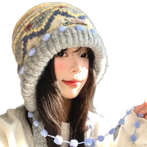 Fair Isle Retro Knit Baraklava Hat for Women Autumn Winter Face-Smoothing Covering Hat Thick Warm Ear Protection Hat