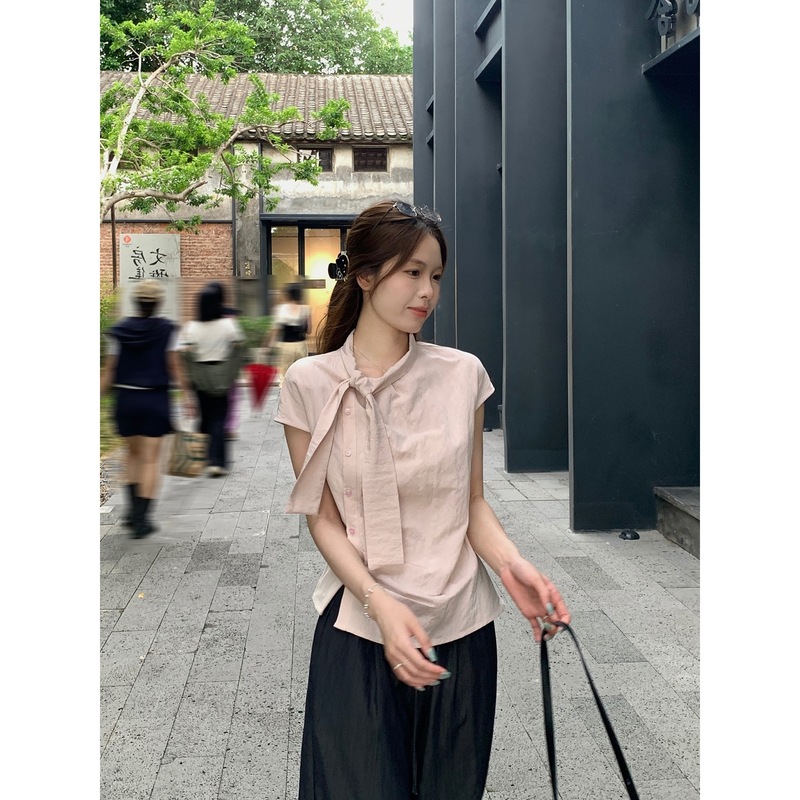 77 高级感条纹小飞袖飘带斜门襟衬衫女不规则休闲显瘦百搭上衣夏|undefined