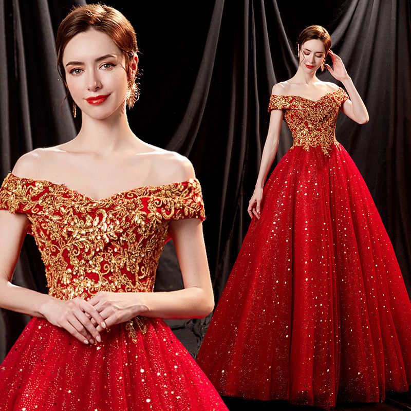 Red Bride's Wedding Toast Solo Stage Performance Evening Dress 2026 New Model Dazzling Gold-Plated Spring Collection