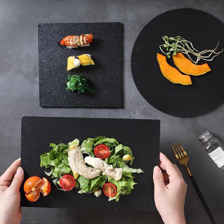 Placa de Roca Negra redonda cuadrada Placa de pizarra de borde recto restaurante occidental sushi japonés postre Placa de presentación Placa de carne