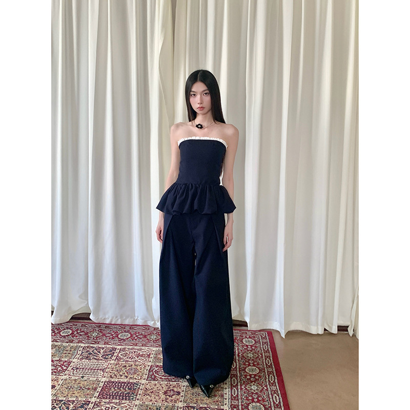 フラワーバドチューブトップワイドレッグカジュアルパンツスーツツーピーススーツ女性のプロフェッショナル気質通勤スーツ|undefined