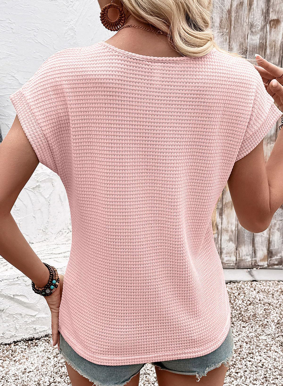 Summer Women's Round Neck T-Shirt Lace Hollow Out Short Sleeve Waffle Knit American Style New_ecoleips.com
