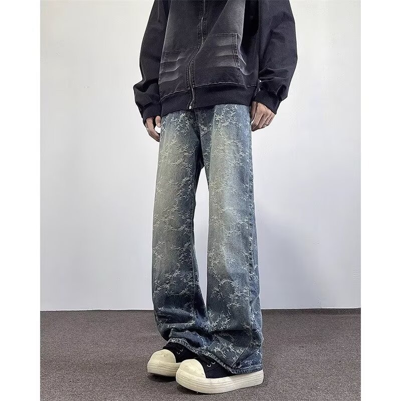 Pantalones Mezclilla Retro para Hombre de Mezclilla, Efecto Lavado y Corte Recto para Uso Diario