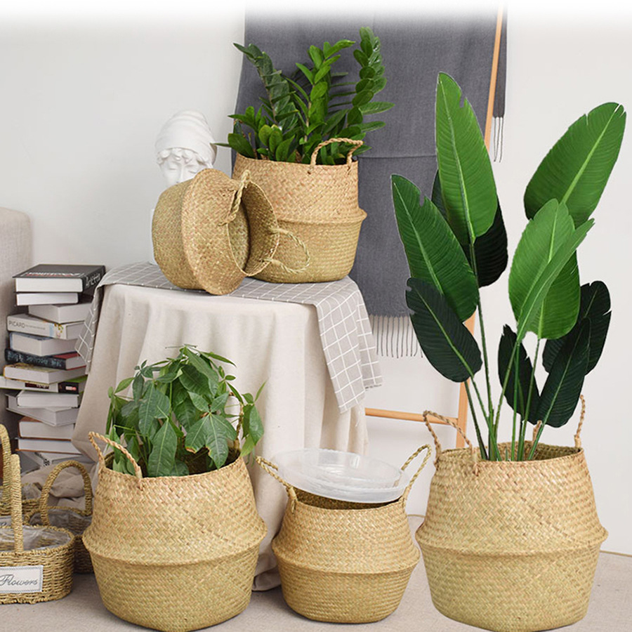 Paja trenzada floreciente plegable sala de estar decoración floral trenzada a mano floreciente planta portátil tela de caña canasta de flores casera