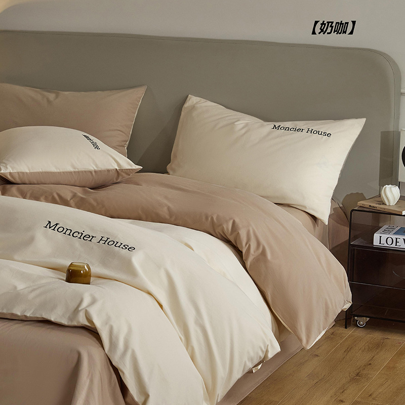 Una clase de otoño y invierno algodón abrasión cuatro piezas cubierta bordada sábanas de color sólido cama cama de algodón grueso dormitorio tres piezas