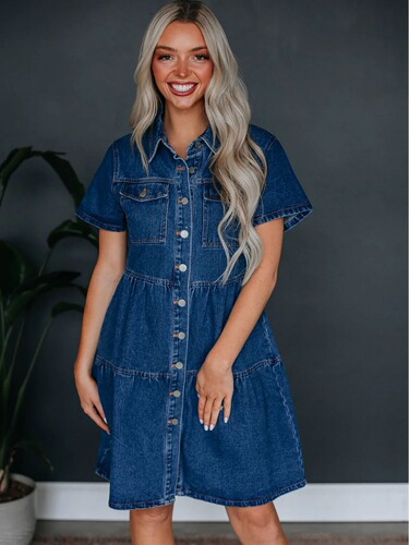 Summer European and American Independent Website Short-Sleeved Lapel Casual Style Women's Denim Dress 16809