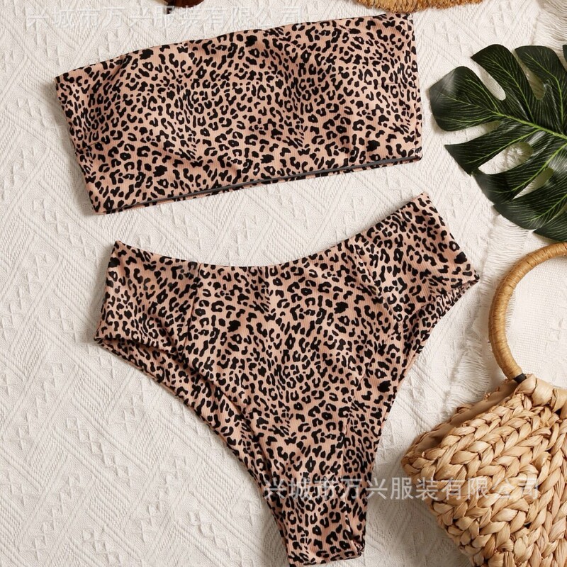 2025 European and American New Sexy Leopard Print High Waist Split Swimsuit Women's Tube Top Amazon Aliexpress Bikini Swimsuit
