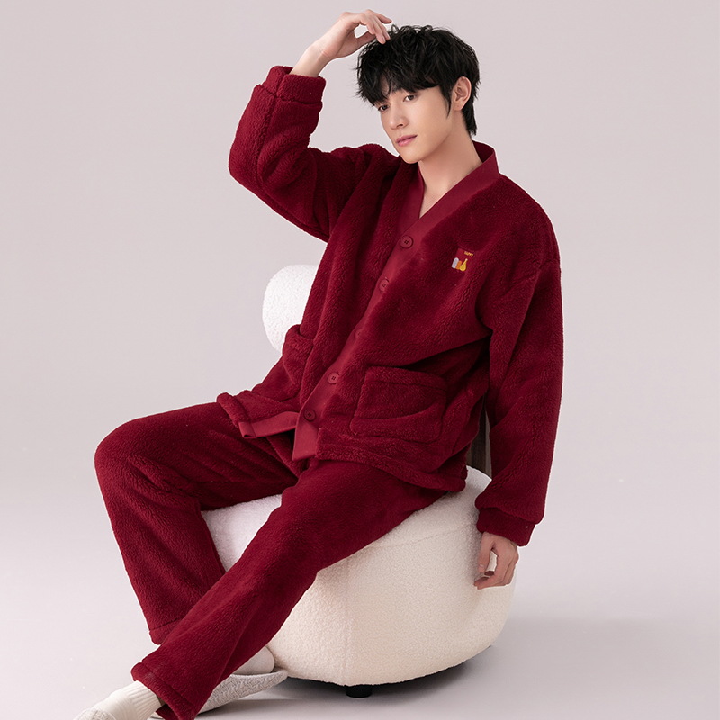 Pijamas de los hombres de invierno Nueva franela engrosada cálido traje de lana de coral de invierno con cuello en V cardigan de lana forrada homewear