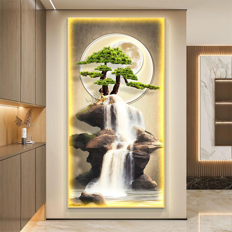 轻奢山水玄关装饰画灯画迎客松入户正对门挂画新中式走廊过道壁画|undefined