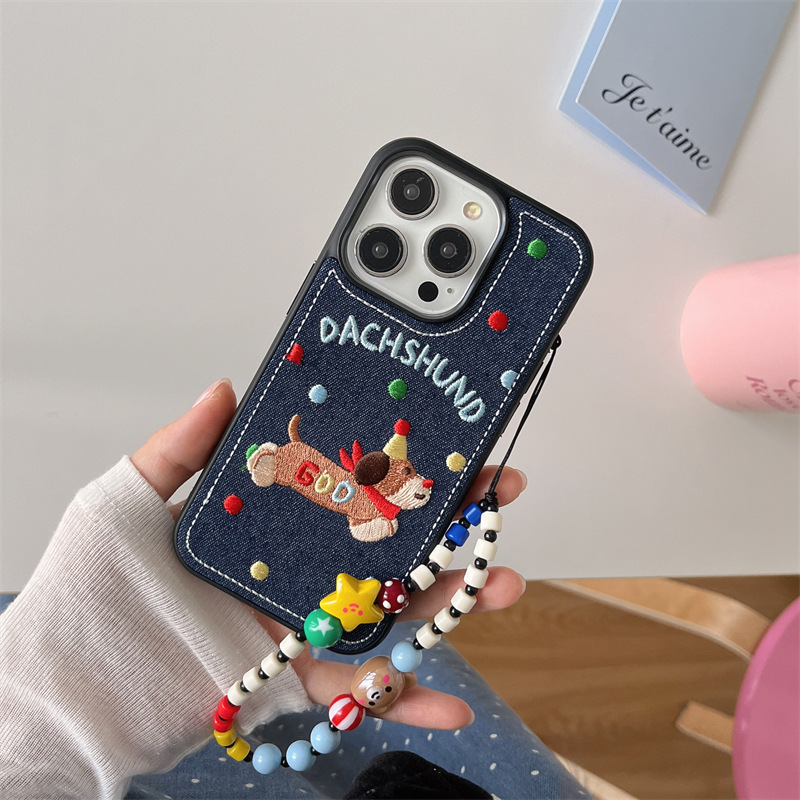 Perro salchicha de lunares de mezclilla bordado coreano para iPhone 15 funda para teléfono móvil 13 Apple 14ProMax cadena 12