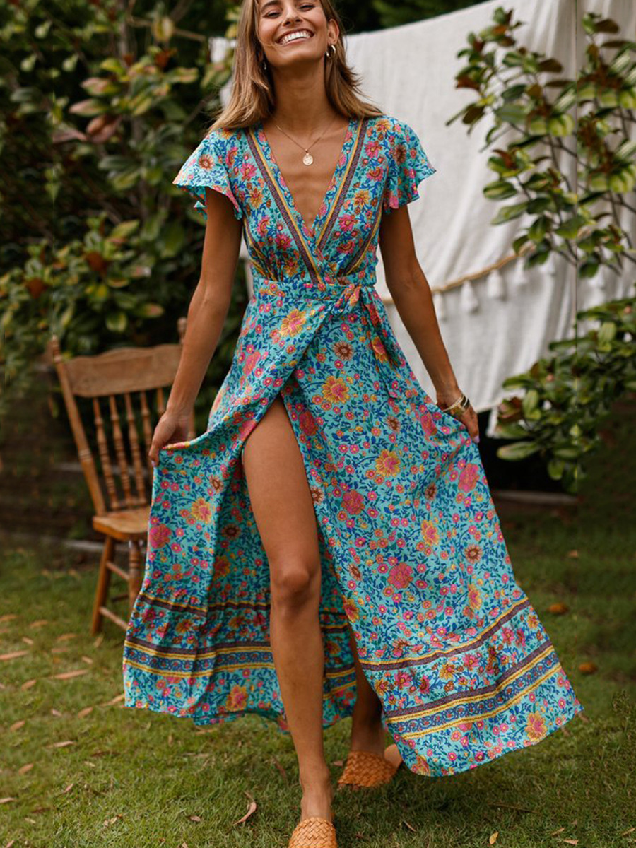 Summer Best-selling Women's Clothing, Wish Hot-selling Bohemian Printed , Short-sleeved Beach Vacation Long_ecoleips.com