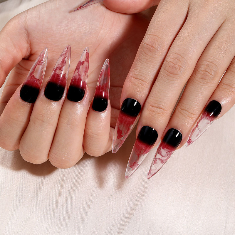Halloween Nail Long Ballet Black Red Gradient Blood Stain Smob Nail Patches Removable Fake Nails
