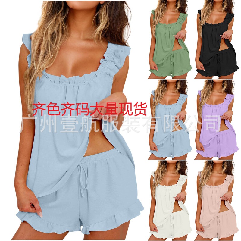 2025 Summer Women's European and American Style Vest with Ruffled Edges, Fashionable and Elegant Shorts Two-Piece Niche Casual Set