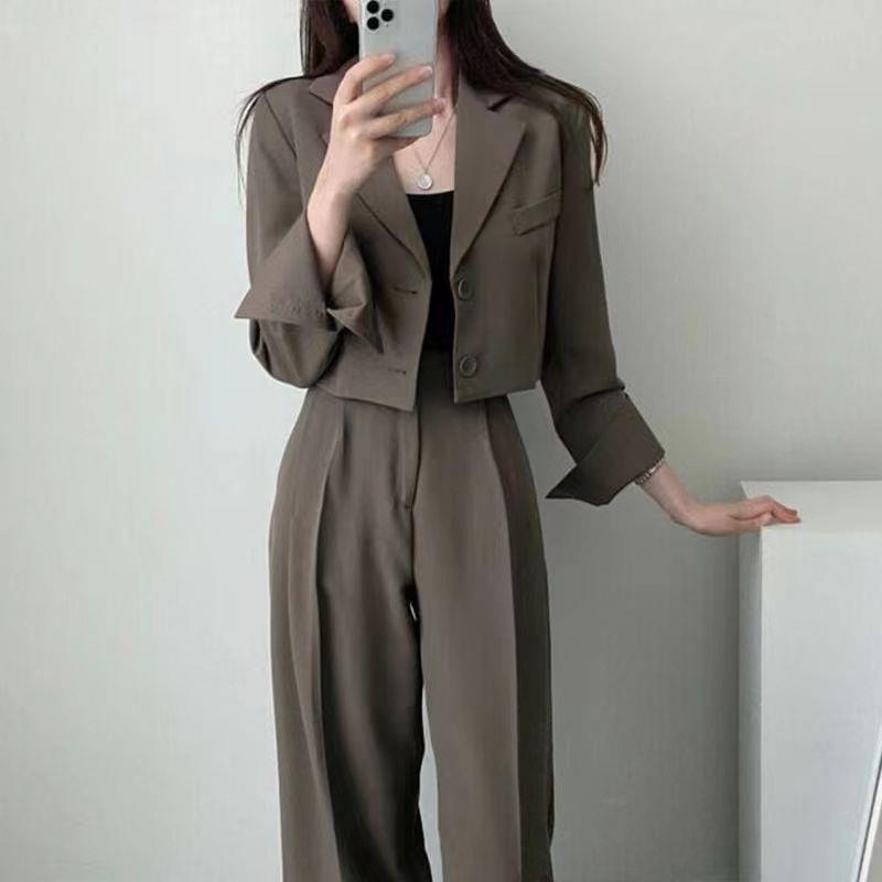 ChicShe Korean Chic Retro Revers Zwei-Knopf Lockerer Blazer Kurze Jacke Hoch taillierte Hose mit weitem Bein Lange Hosen Anzug Damen_voghion.com