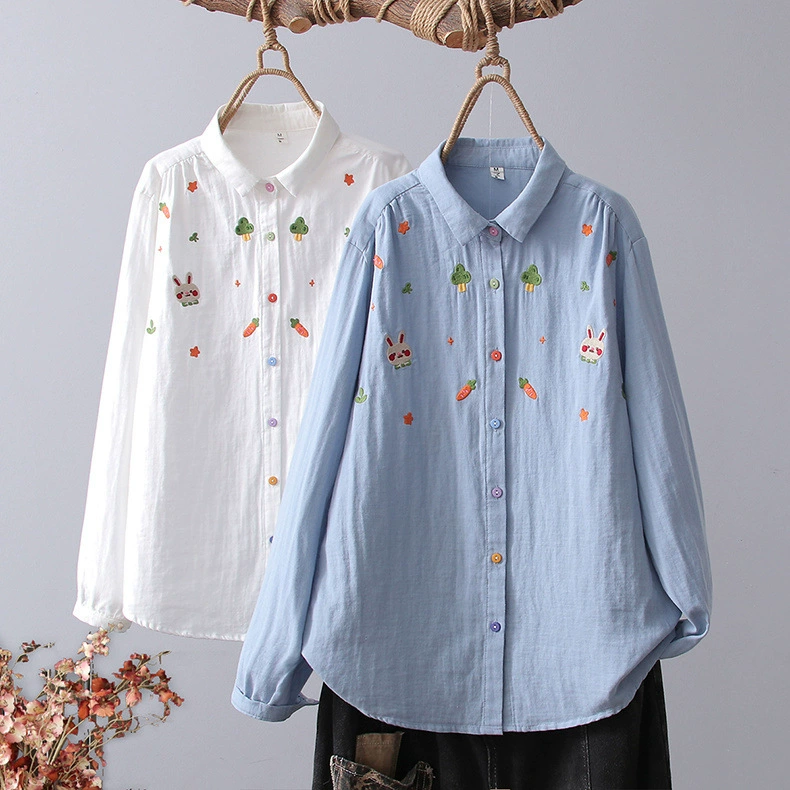 Корейская новая мультяшная вышивка кролика двухслойная пряжа женская кардиган рубашка с длинными рукавами топ оптом