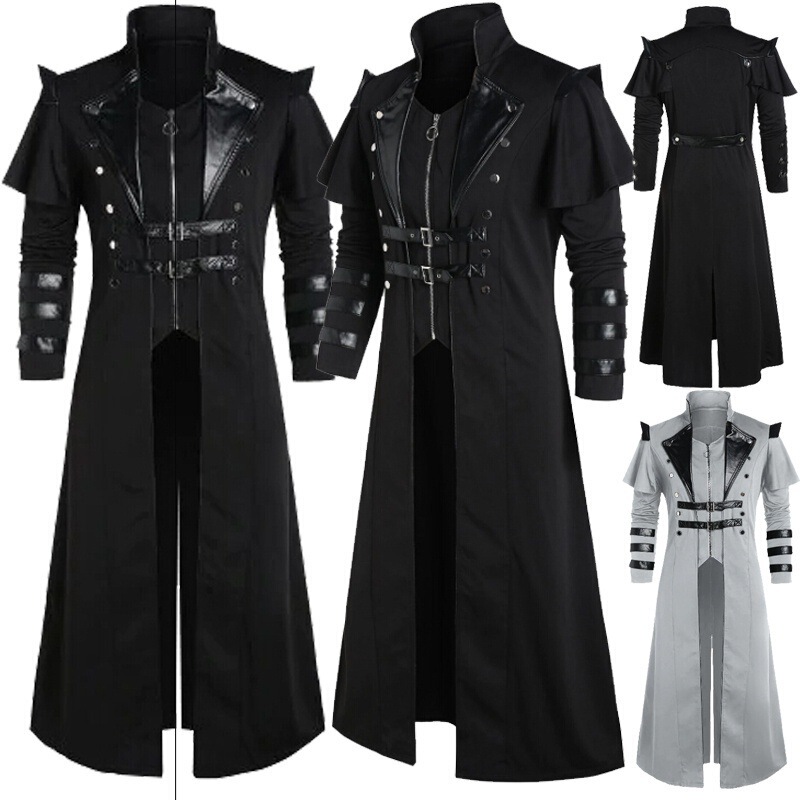 Medieval Renaissance Punk Coat Stage Play Performance Props Halloween Retro Long Slit Windbreaker