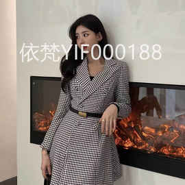 深圳南油高端女装欧美原单早秋不规则金扣腰带复古优雅气质西装裙