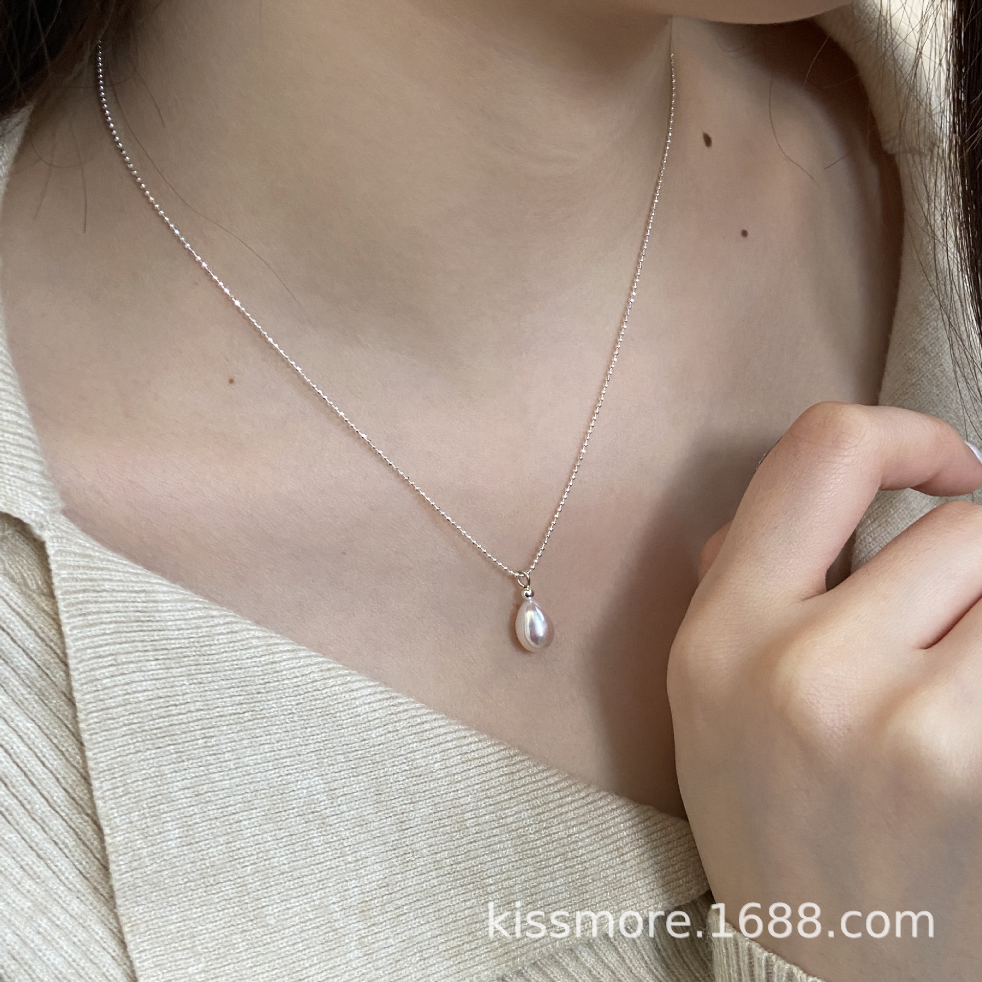 水滴形单颗珍珠纯银闪豆项链5.jpg
