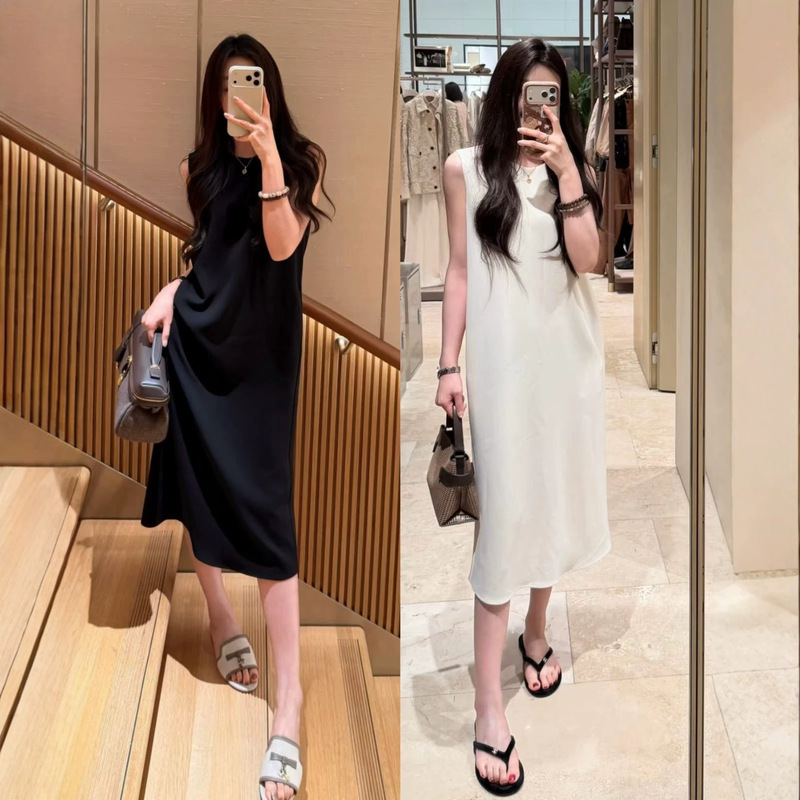 Row Style Elegant and Simple Acetate Vest Dress, Intellectual Loose Sleeveless Straight Mid-Length Dress